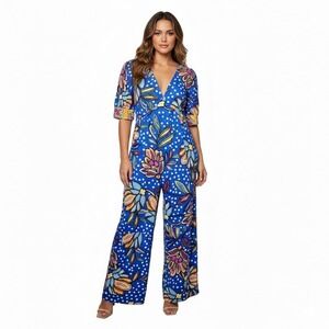 Tabitha Multicolor Floral Polka Dot V Neck Wide Leg Jumpsuit Sz 4 Flowy Coastal